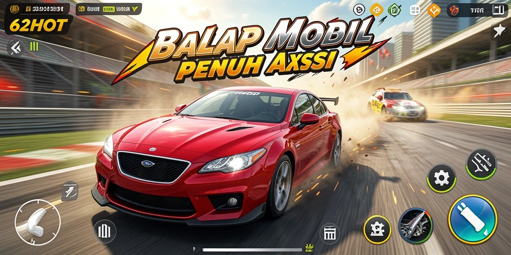 Screenshot gameplay 62HOT menampilkan balapan mobil yang dramatis.
