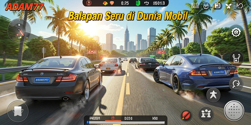 Screenshot utama menampilkan aksi balapan di trek yang menantang.