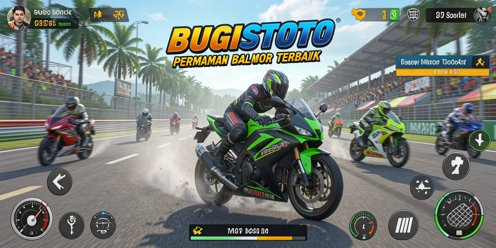 Screenshot gameplay <strong>BUGISTOTO</strong> menampilkan suasana balap motor yang mendebarkan.