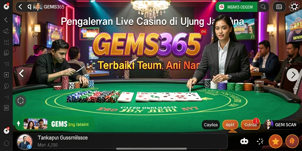 Tampilan gameplay GEMS365 dengan dealer langsung dan pemain aktif.