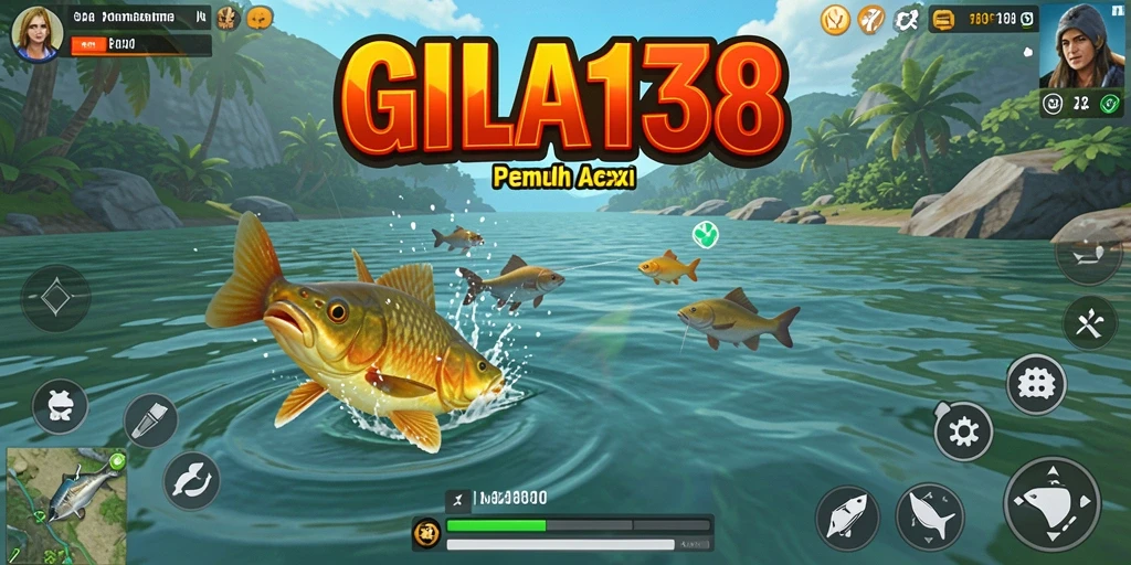Screenshot utama GILA138 menunjukkan pemain menangkap ikan di lokasi indah.
