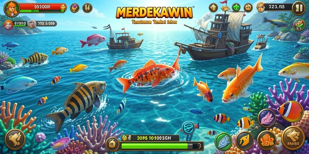 Screenshot utama MERDEKAWIN menampilkan gameplay seru dengan ikan yang beraneka ragam.