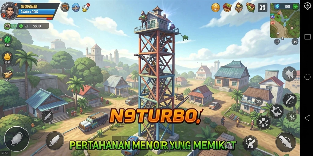 Gameplay N9TURBO menunjukkan menara melawan gelombang musuh.